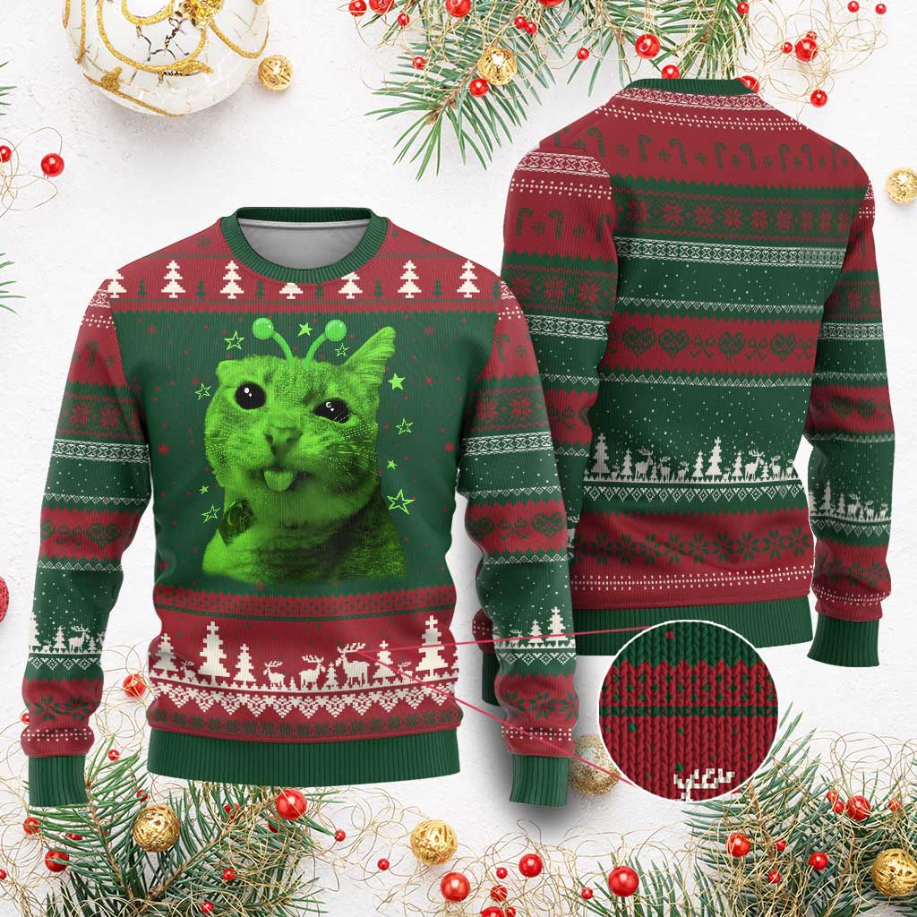 Funny Alien Cat Meme Retro Y2K Vintage Space Kitty Ugly Christmas Sweater