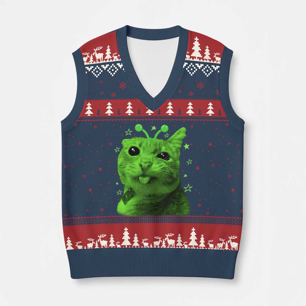 Funny Alien Cat Meme Retro Y2K Vintage Space Kitty V-Neck Knit Sweater Vest TS10 Navy Red Print Your Wear