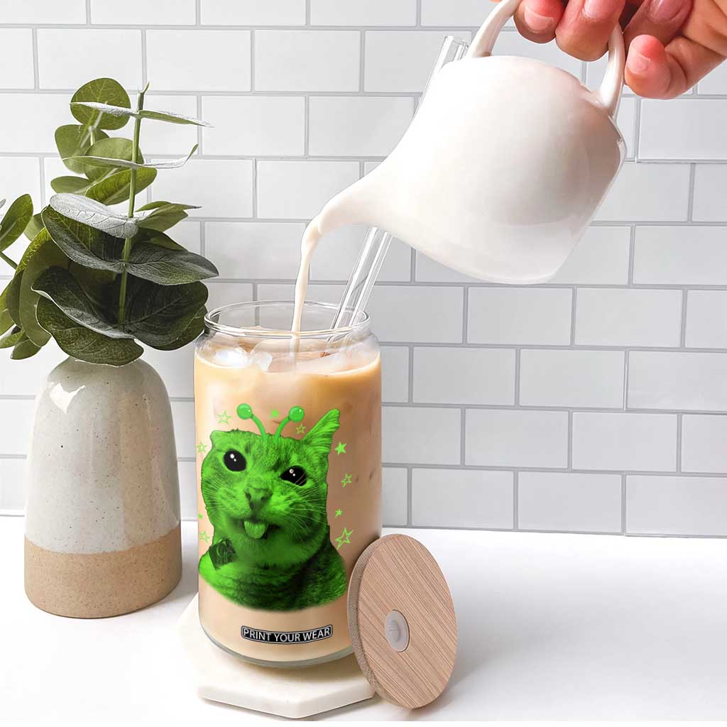 Funny Alien Cat Meme Retro Y2K Vintage Space Kitty Glass Can