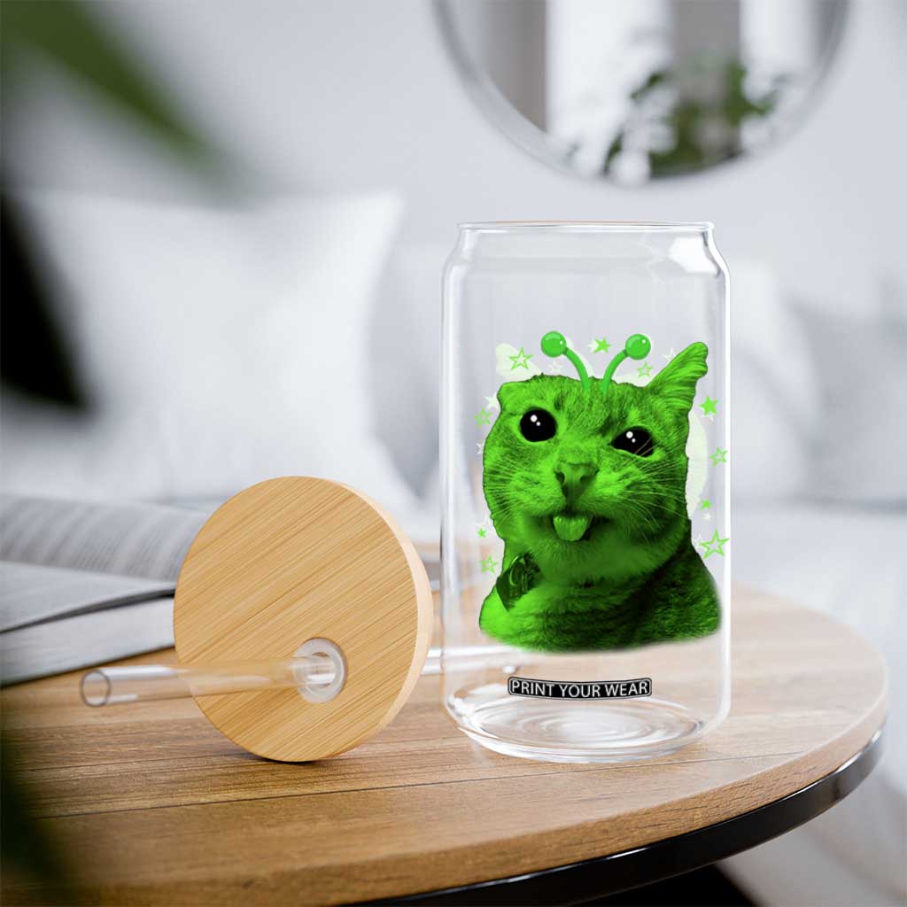 Funny Alien Cat Meme Retro Y2K Vintage Space Kitty Glass Can