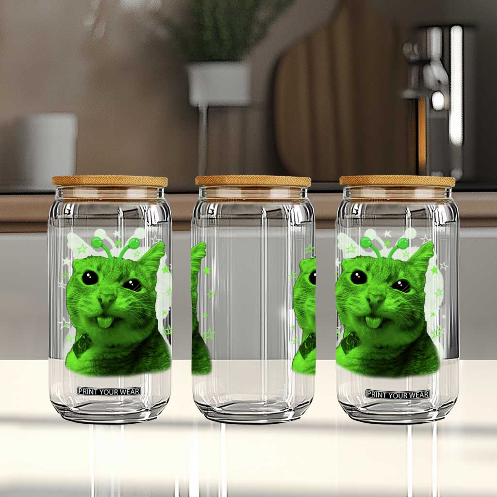 Funny Alien Cat Meme Retro Y2K Vintage Space Kitty Glass Can