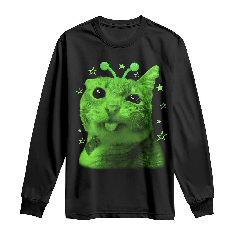 Funny Alien Cat Meme Retro Y2K Vintage Space Kitty Long Sleeve Shirt TS10 Black Print Your Wear