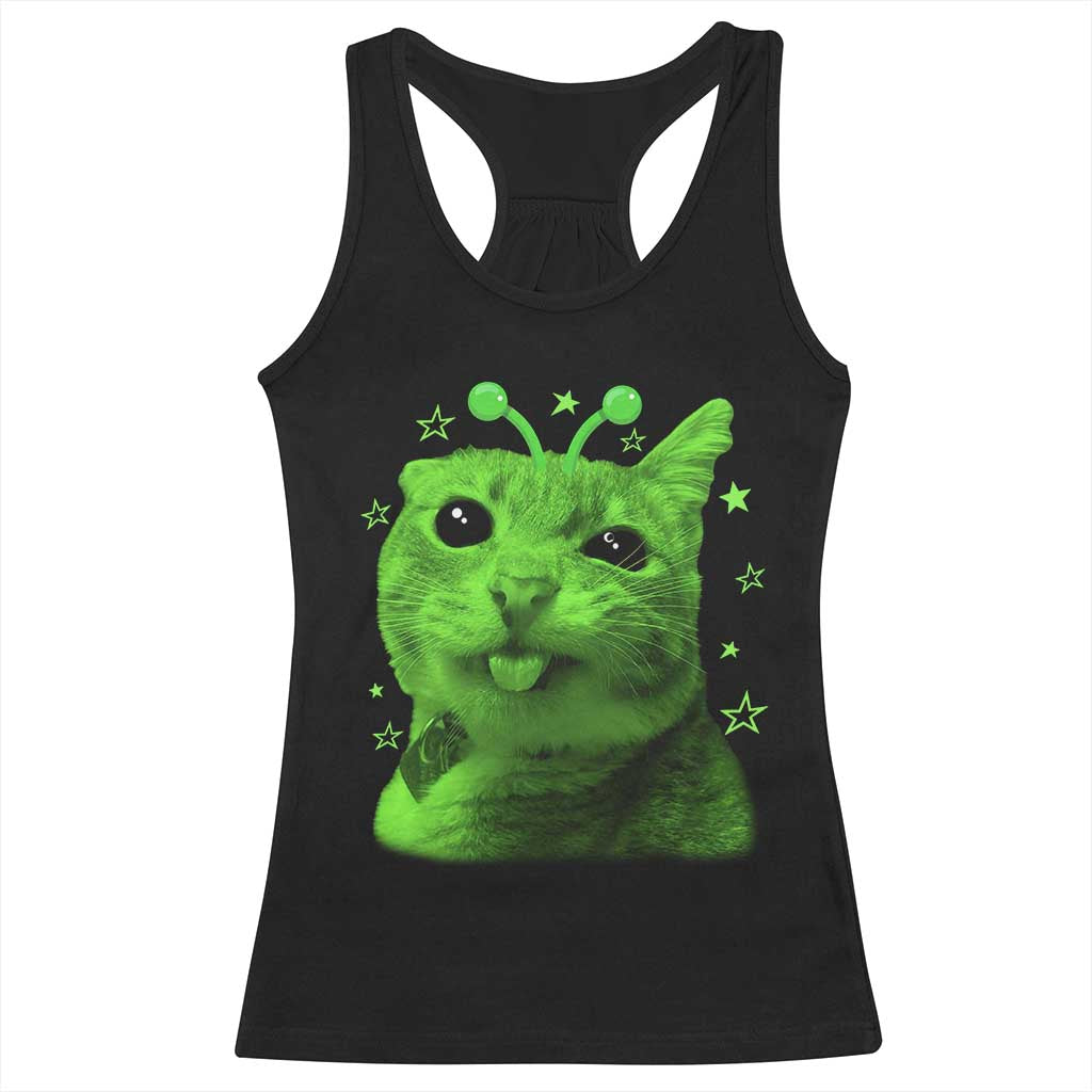 Funny Alien Cat Meme Retro Y2K Vintage Space Kitty Racerback Tank Top TS10 Black Print Your Wear