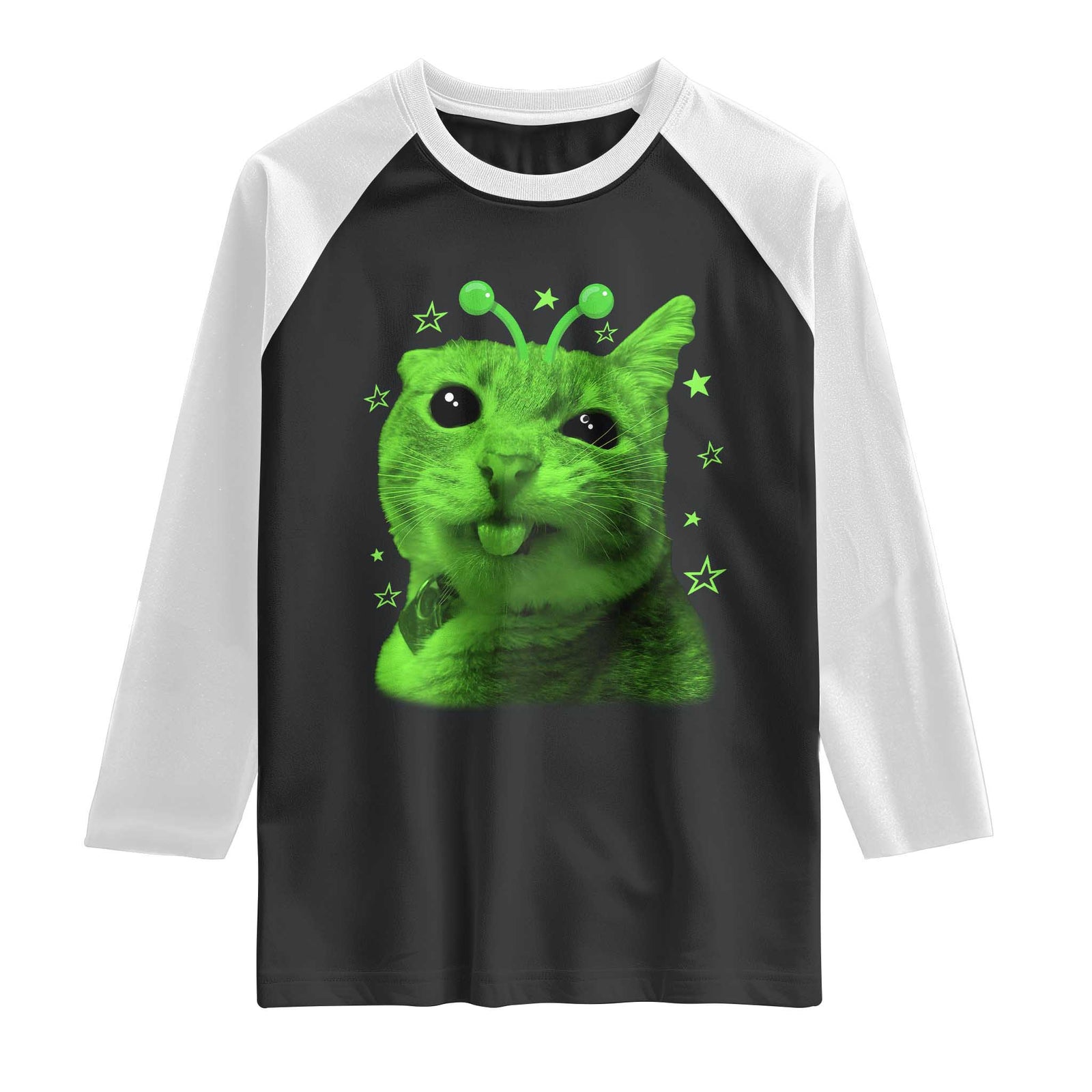 Funny Alien Cat Meme Retro Y2K Vintage Space Kitty Raglan Shirt TS10 Black White Print Your Wear