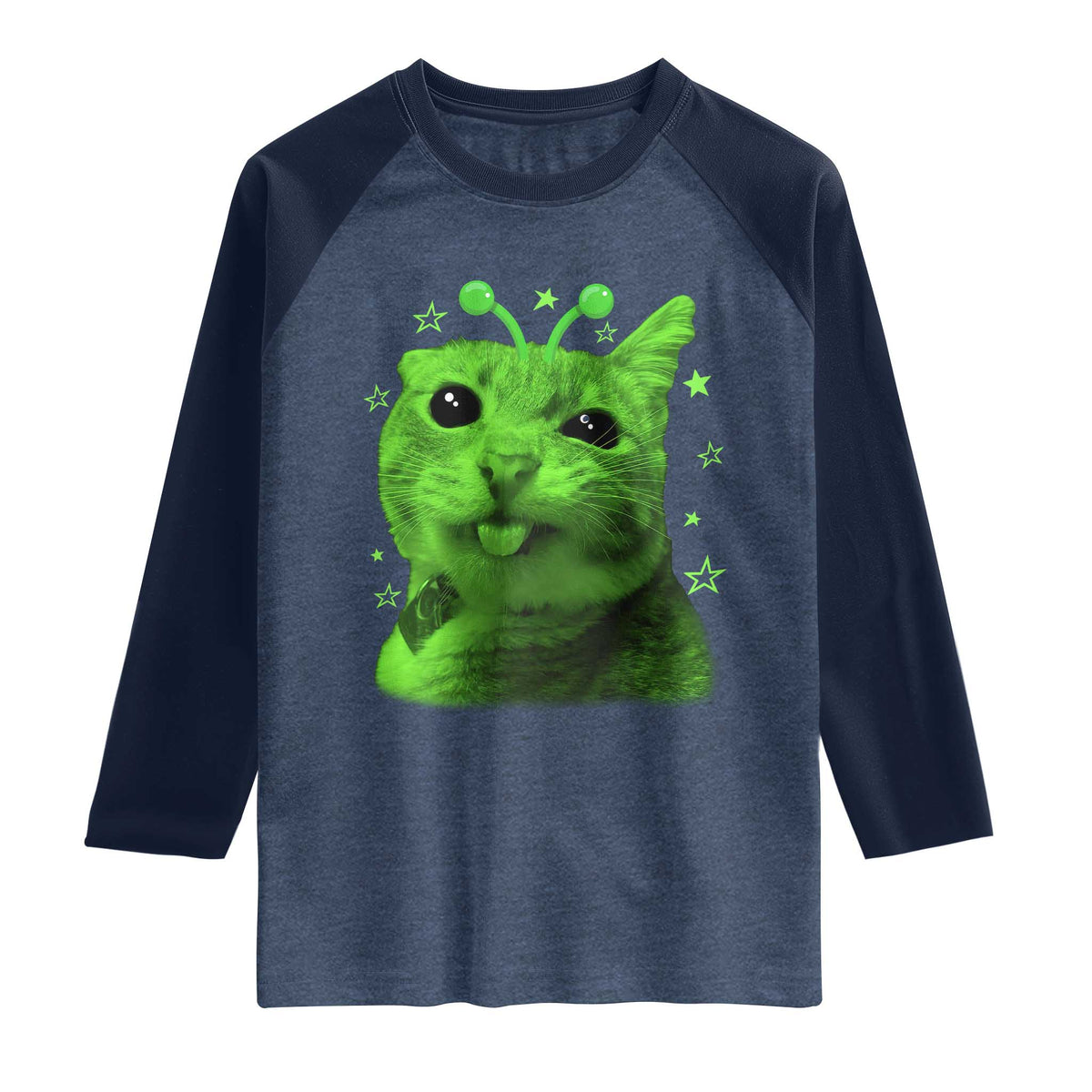 Funny Alien Cat Meme Retro Y2K Vintage Space Kitty Raglan Shirt