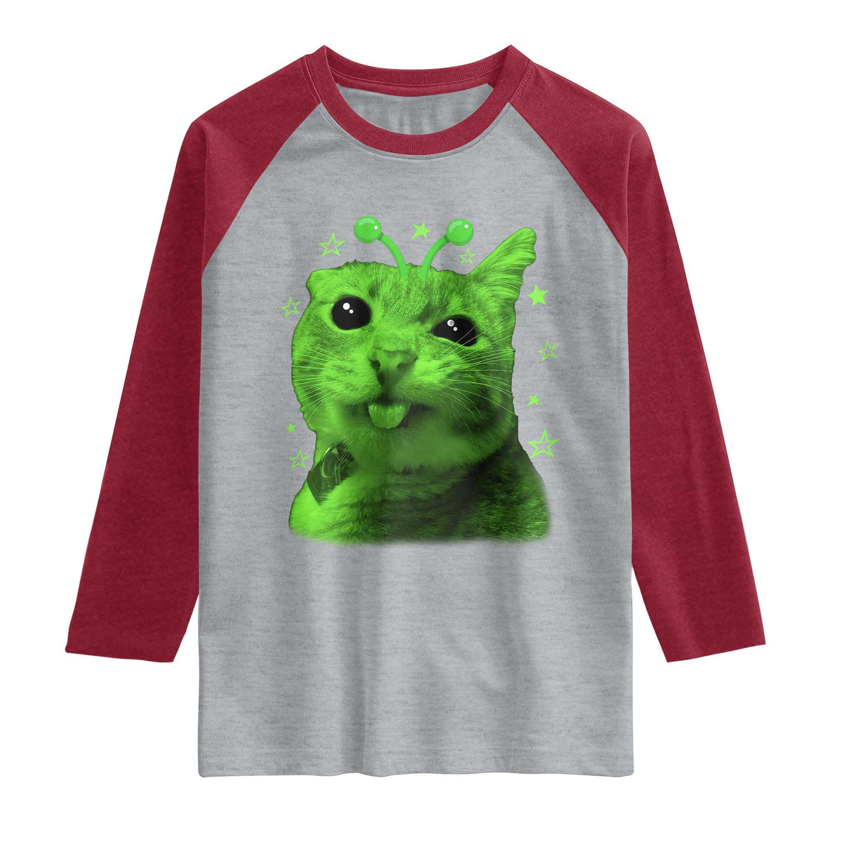 Funny Alien Cat Meme Retro Y2K Vintage Space Kitty Raglan Shirt