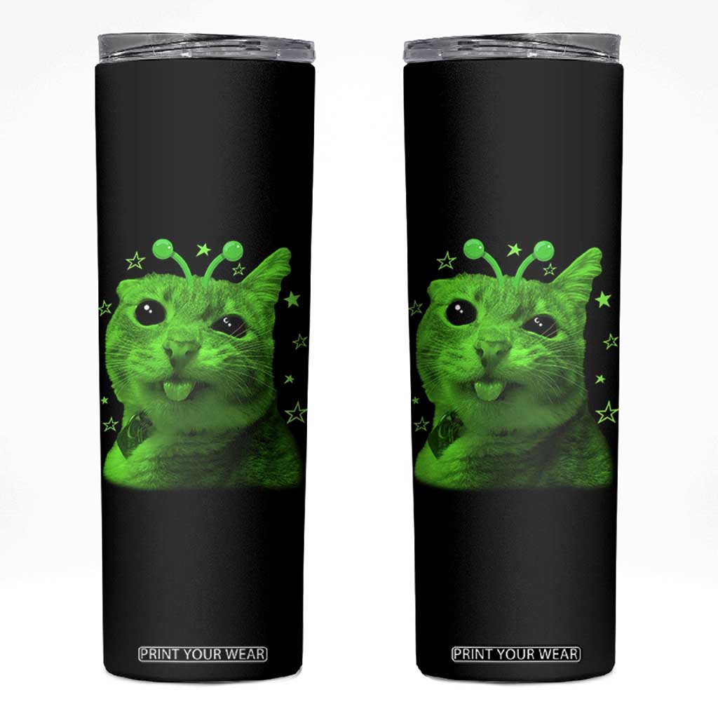 Funny Alien Cat Meme Retro Y2K Vintage Space Kitty Skinny Tumbler TS10 Black Print Your Wear