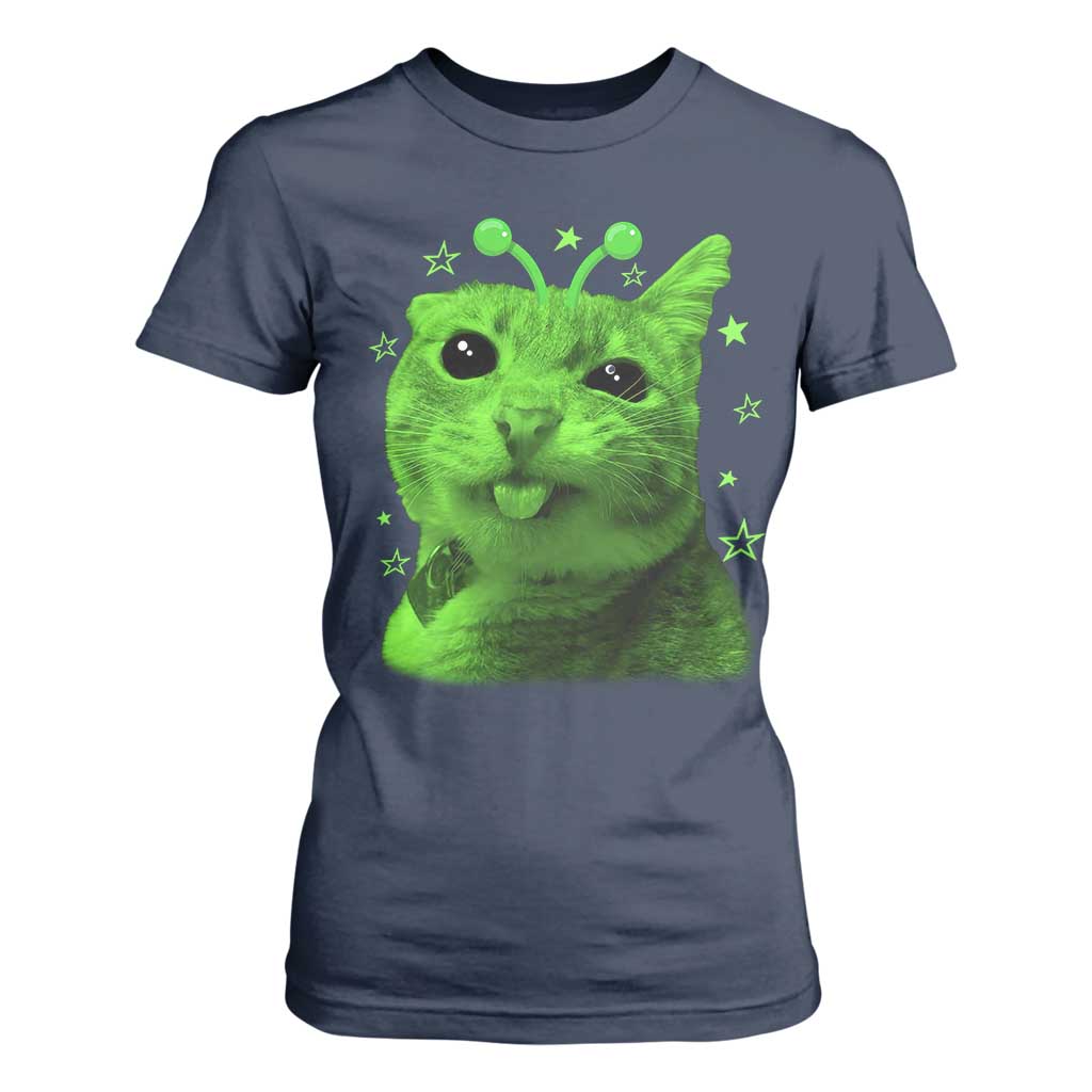 Funny Alien Cat Meme Retro Y2K Vintage Space Kitty T Shirt For Women
