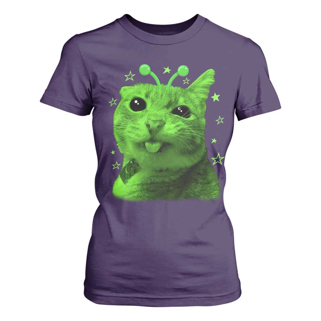 Funny Alien Cat Meme Retro Y2K Vintage Space Kitty T Shirt For Women