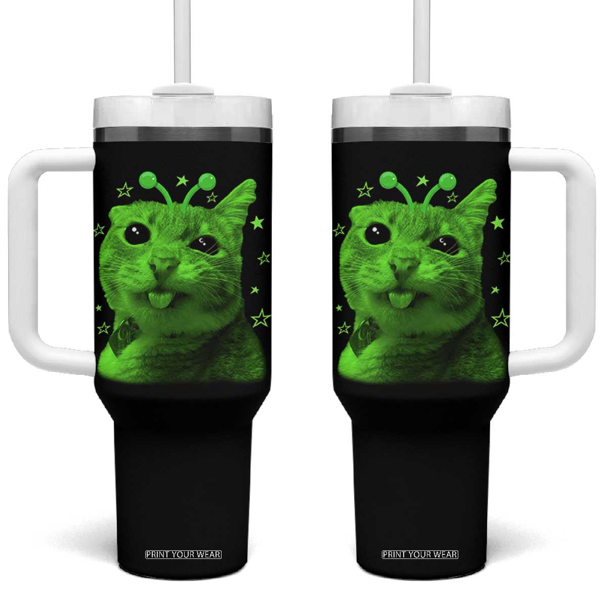 Funny Alien Cat Meme Retro Y2K Vintage Space Kitty Tumbler With Handle TS10 One Size: 40 oz Black Print Your Wear