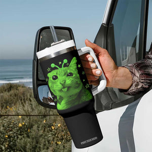 Funny Alien Cat Meme Retro Y2K Vintage Space Kitty Tumbler With Handle