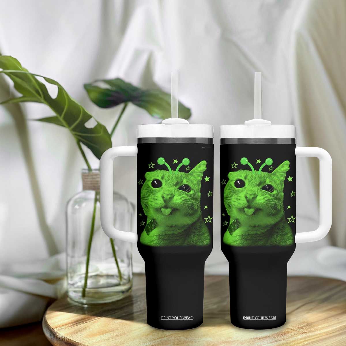 Funny Alien Cat Meme Retro Y2K Vintage Space Kitty Tumbler With Handle