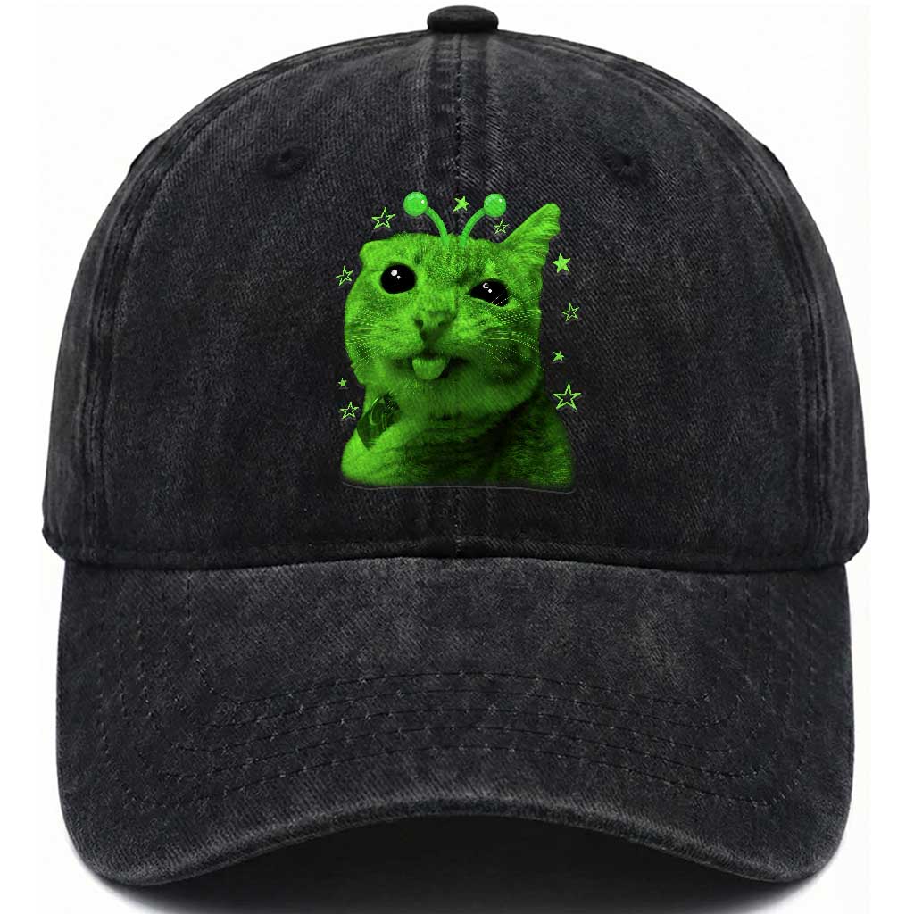 Funny Alien Cat Meme Retro Y2K Vintage Space Kitty Washed Cotton Baseball Cap TS10 Print Your Wear