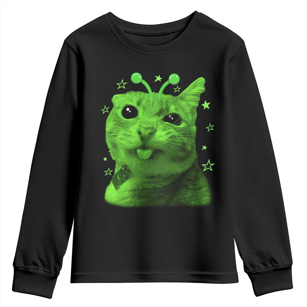 Funny Alien Cat Meme Retro Y2K Vintage Space Kitty Youth Sweatshirt TS10 Black Print Your Wear