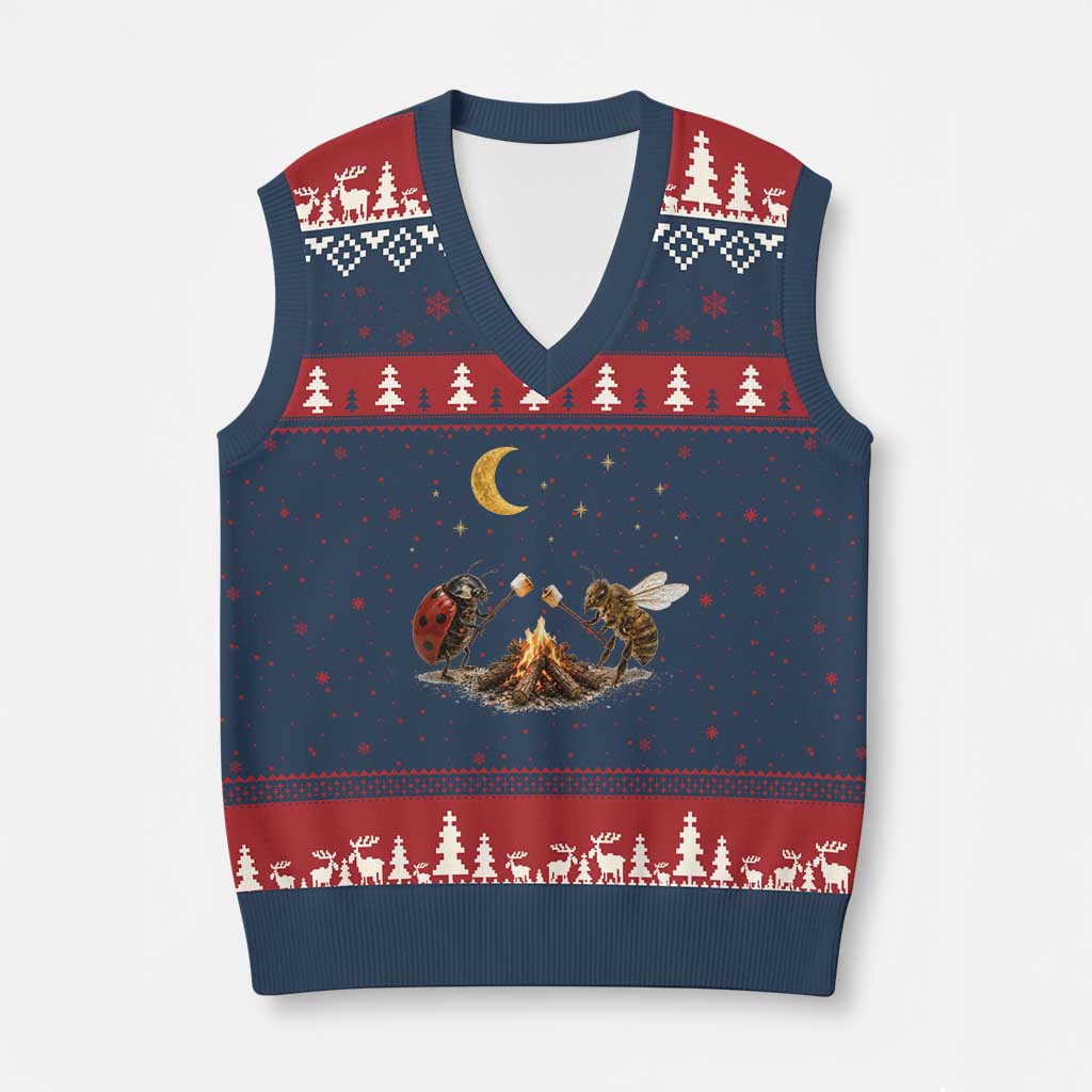 Bee And Ladybug Campfire V-Neck Knit Sweater Vest Cottagecore Gift TS10 Navy Red Print Your Wear