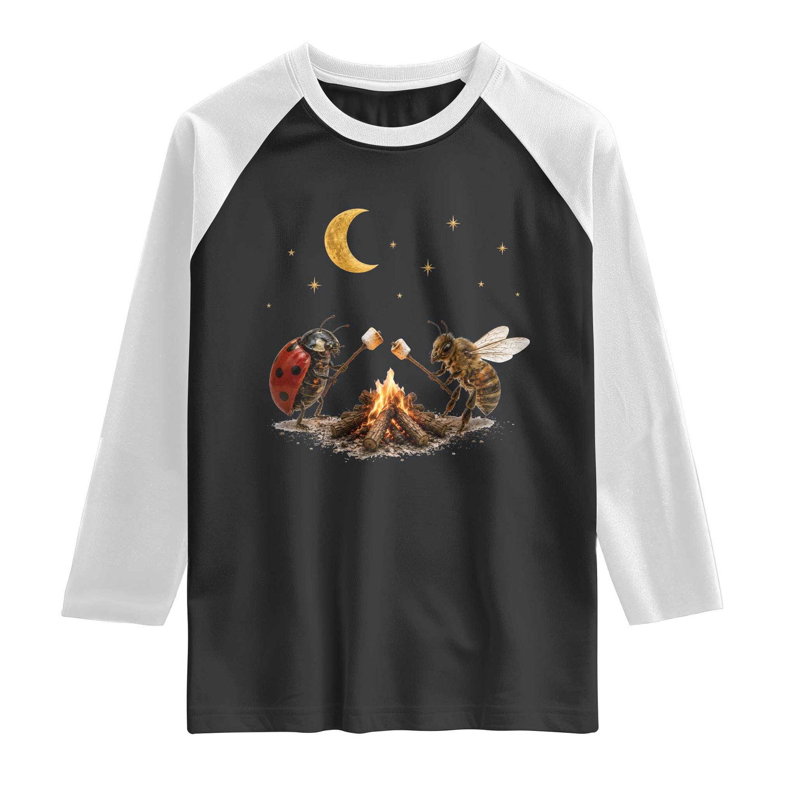 Bee And Ladybug Campfire Raglan Shirt Cottagecore Gift TS10 Black White Print Your Wear