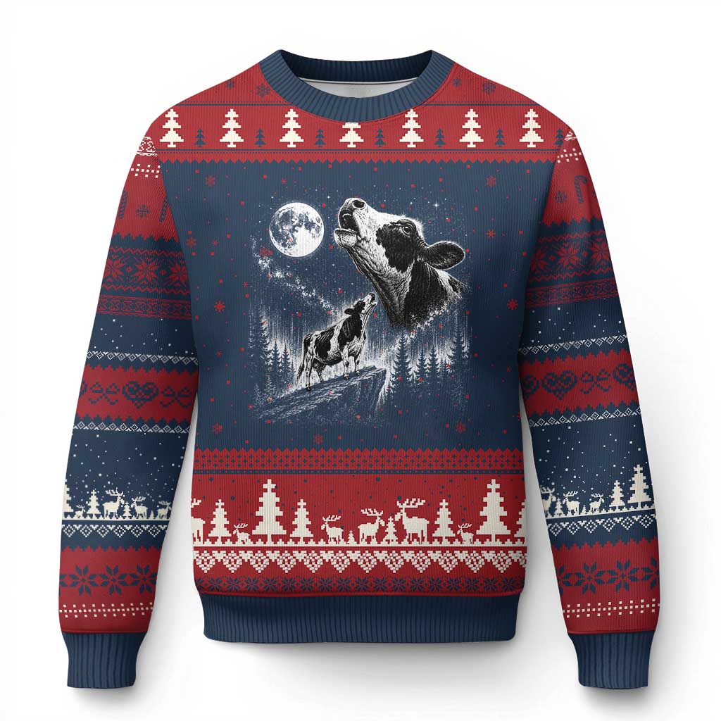 Cow Howling at Moon Vintage 90s Graphic Ugly Christmas Sweater Retro Farm Animal Country Western Gift TS10 Navy Red Print Your Wear