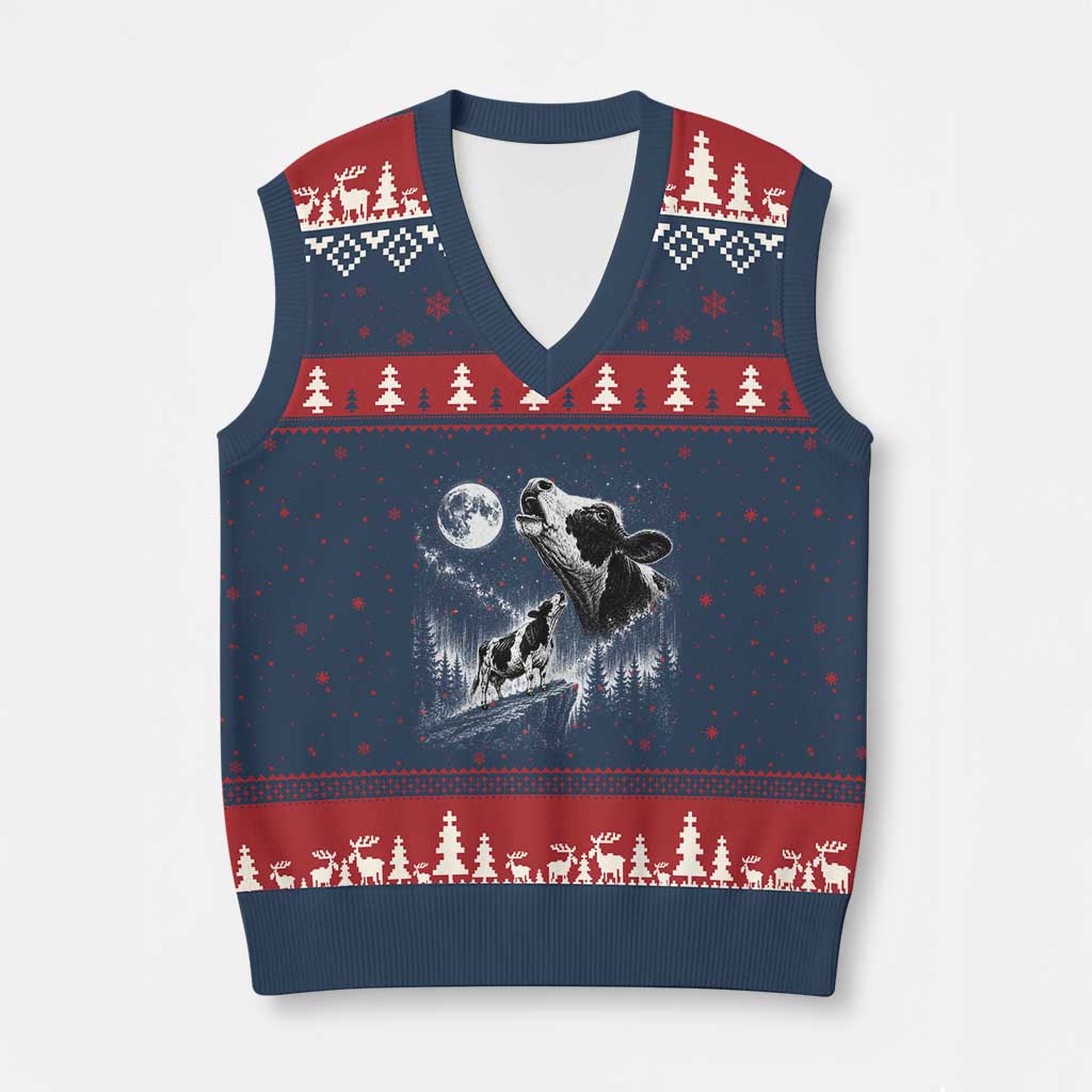 Cow Howling at Moon Vintage 90s Graphic V-Neck Knit Sweater Vest Retro Farm Animal Country Western Gift TS10 Navy Red Print Your Wear