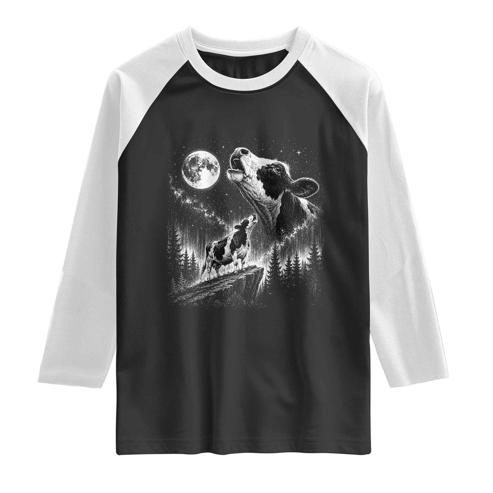 Cow Howling at Moon Vintage 90s Graphic Raglan Shirt Retro Farm Animal Country Western Gift TS10 Black White Print Your Wear