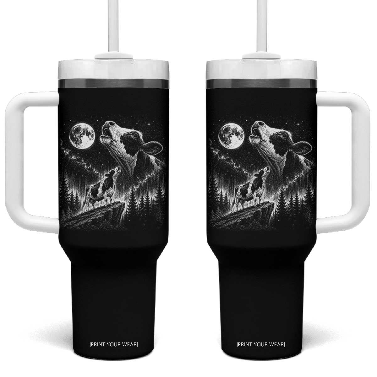 Cow Howling at Moon Vintage 90s Graphic Tumbler With Handle Retro Farm Animal Country Western Gift TS10 One Size: 40 oz Black Print Your Wear