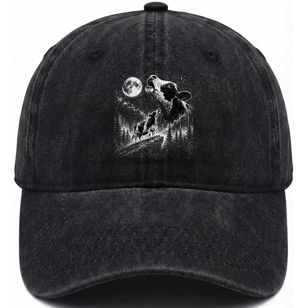 Cow Howling at Moon Vintage 90s Graphic Washed Cotton Baseball Cap Retro Farm Animal Country Western Gift