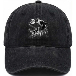 Cow Howling at Moon Vintage 90s Graphic Washed Cotton Baseball Cap Retro Farm Animal Country Western Gift