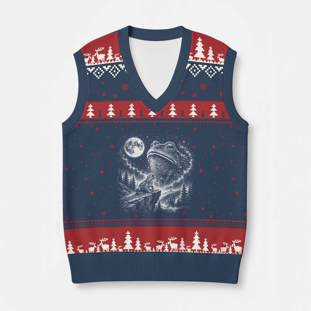 Frog Moon V-Neck Knit Sweater Vest Vintage 90s Frog Howling to Moon Parody Meme TS10 Navy Red Print Your Wear