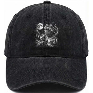 Frog Moon Washed Cotton Baseball Cap Vintage 90s Frog Howling to Moon Parody Meme