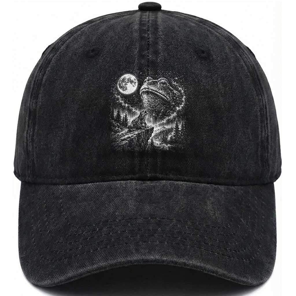 Frog Moon Washed Cotton Baseball Cap Vintage 90s Frog Howling to Moon Parody Meme TS10 Print Your Wear