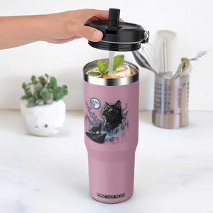 Tortoiseshell Cat Howling To The Moon Flip Straw Tumbler Tortie Cat Lover 90s Retro