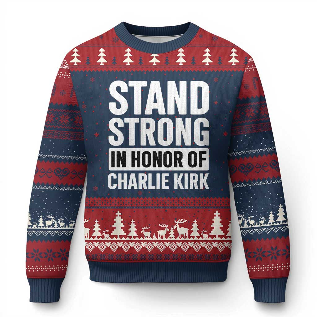 Stand Strong in Honor of Charlie Kirk Ugly Christmas Sweater TS10 Navy Red Print Your Wear