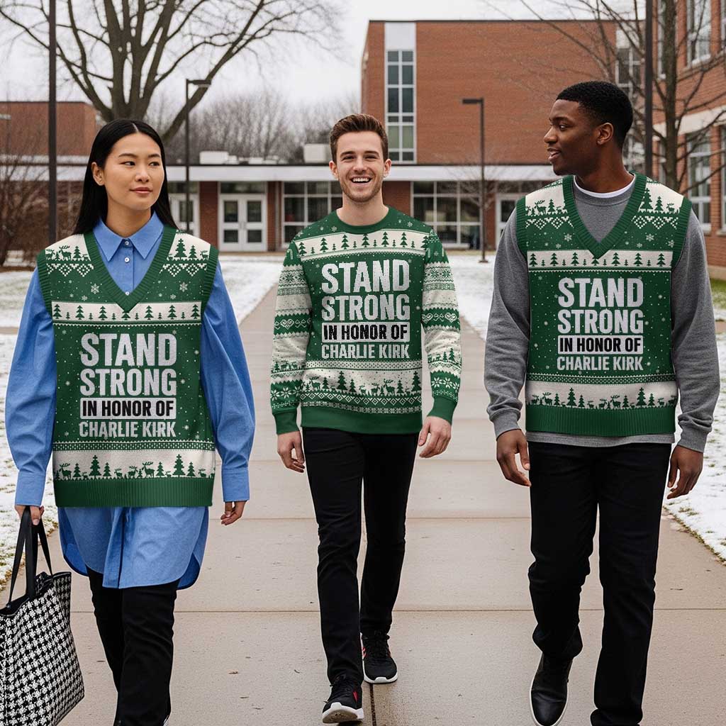 Stand Strong in Honor of Charlie Kirk V-Neck Knit Sweater Vest TS10 Forest Green Beige Print Your Wear
