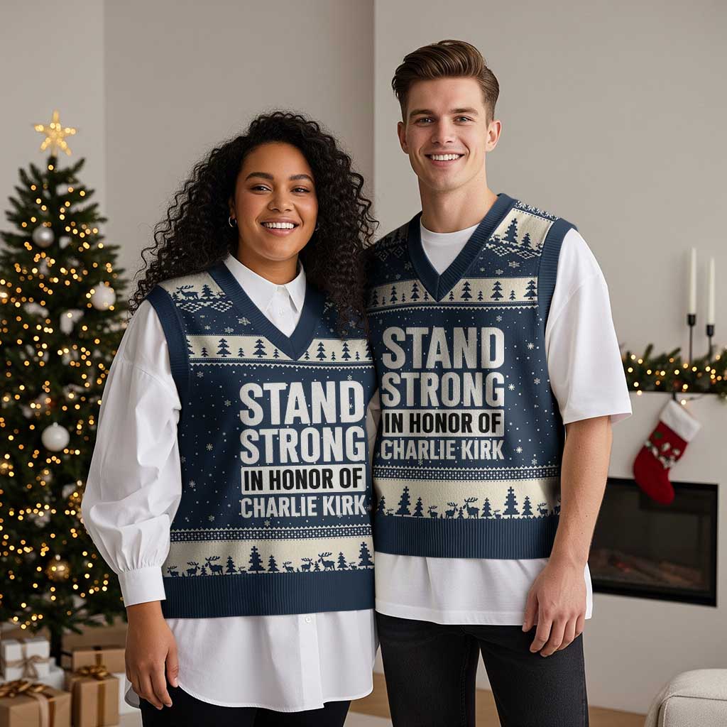 Stand Strong in Honor of Charlie Kirk V-Neck Knit Sweater Vest TS10 Navy Beige Print Your Wear