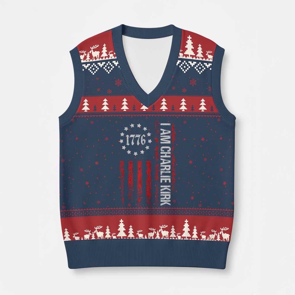 I Am Charlie Kirk V-Neck Knit Sweater Vest Freedom Vintage Old American Flag Patriotic 1776 TS10 Navy Red Print Your Wear