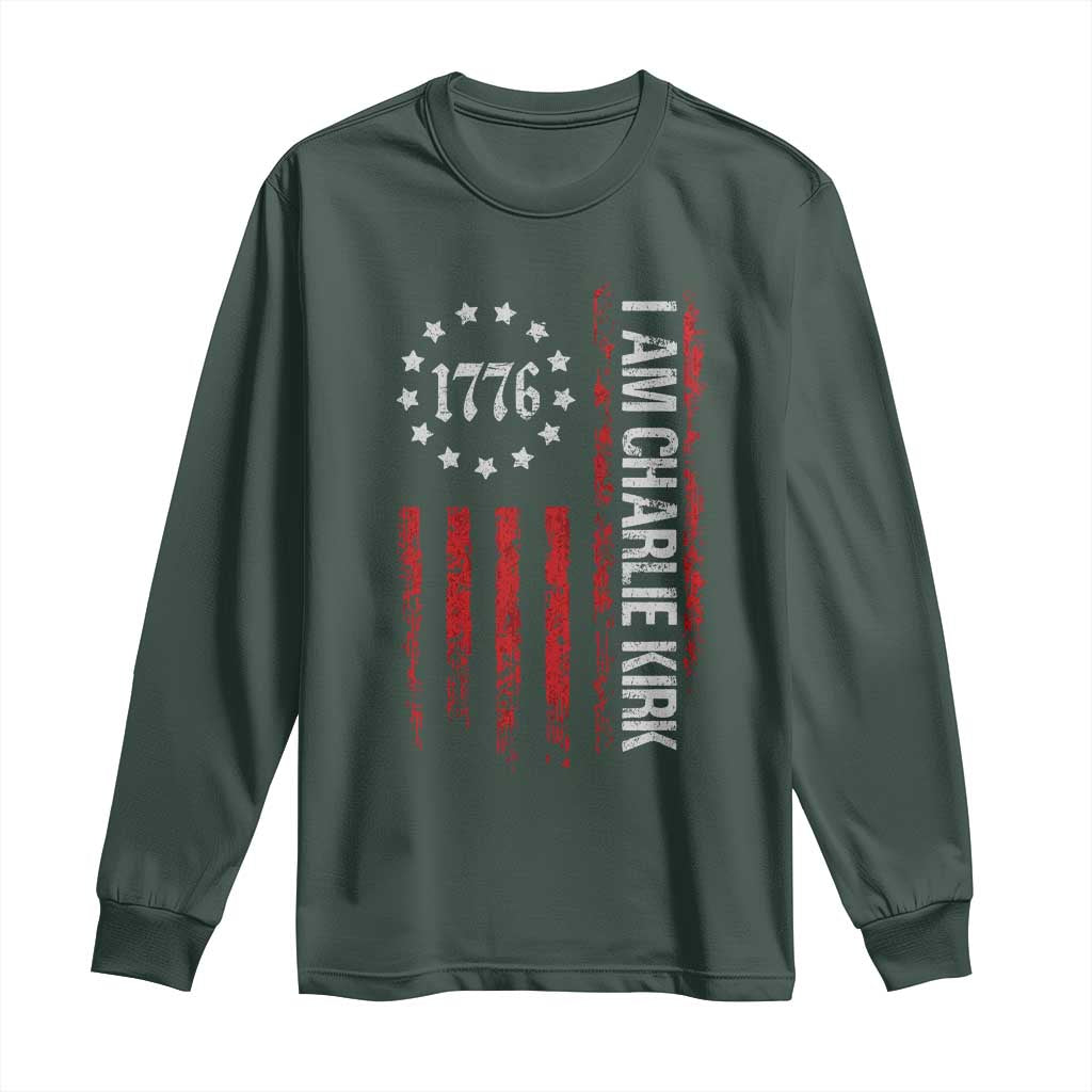 I Am Charlie Kirk Long Sleeve Shirt Freedom Vintage Old American Flag Patriotic 1776 TS10 Dark Forest Green Print Your Wear