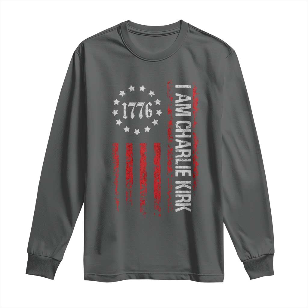 I Am Charlie Kirk Long Sleeve Shirt Freedom Vintage Old American Flag Patriotic 1776 TS10 Dark Heather Print Your Wear
