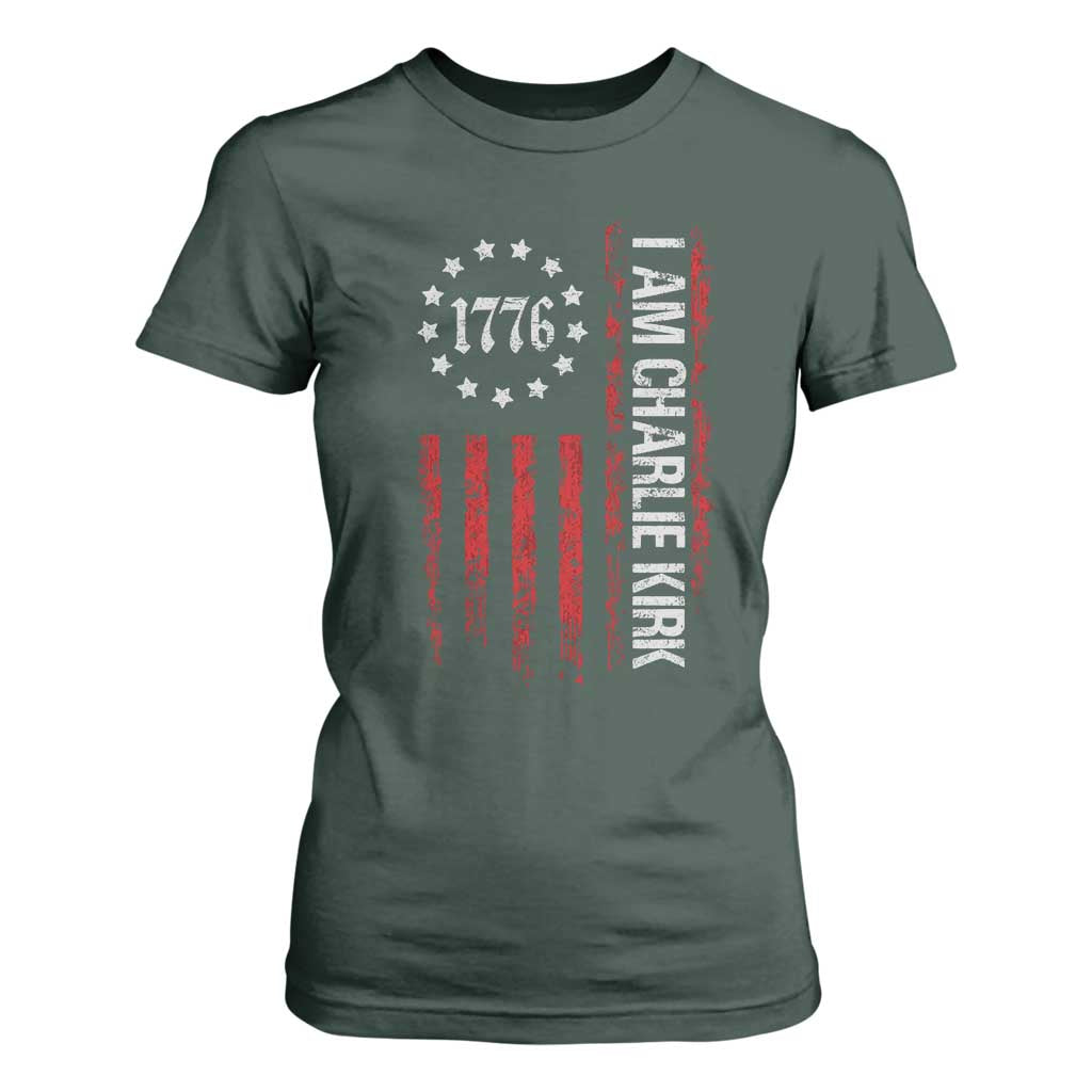 I Am Charlie Kirk T Shirt For Women Freedom Vintage Old American Flag Patriotic 1776 TS10 Dark Forest Green Print Your Wear