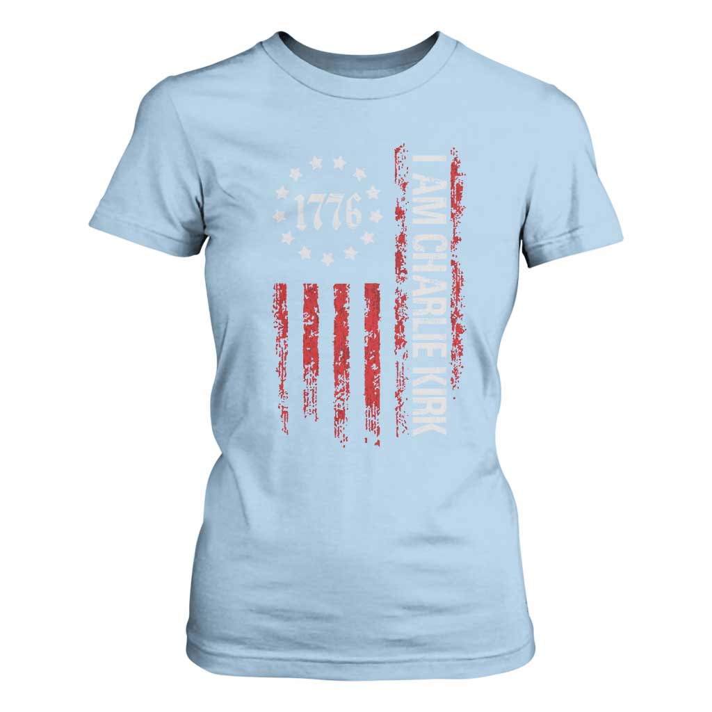 I Am Charlie Kirk T Shirt For Women Freedom Vintage Old American Flag Patriotic 1776 TS10 Light Blue Print Your Wear