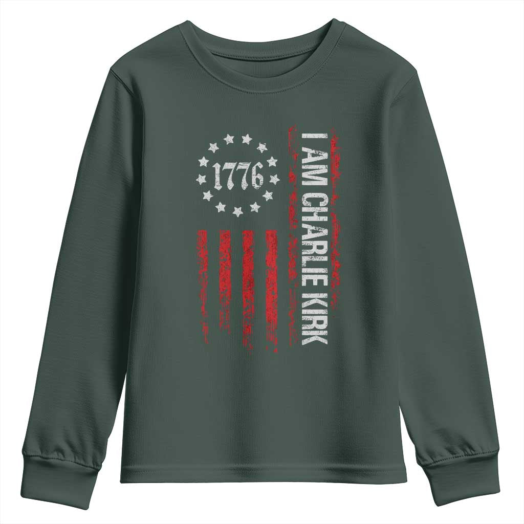 I Am Charlie Kirk Youth Sweatshirt Freedom Vintage Old American Flag Patriotic 1776 TS10 Dark Forest Green Print Your Wear