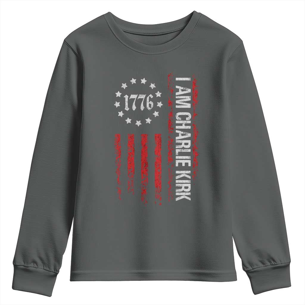 I Am Charlie Kirk Youth Sweatshirt Freedom Vintage Old American Flag Patriotic 1776 TS10 Dark Heather Print Your Wear