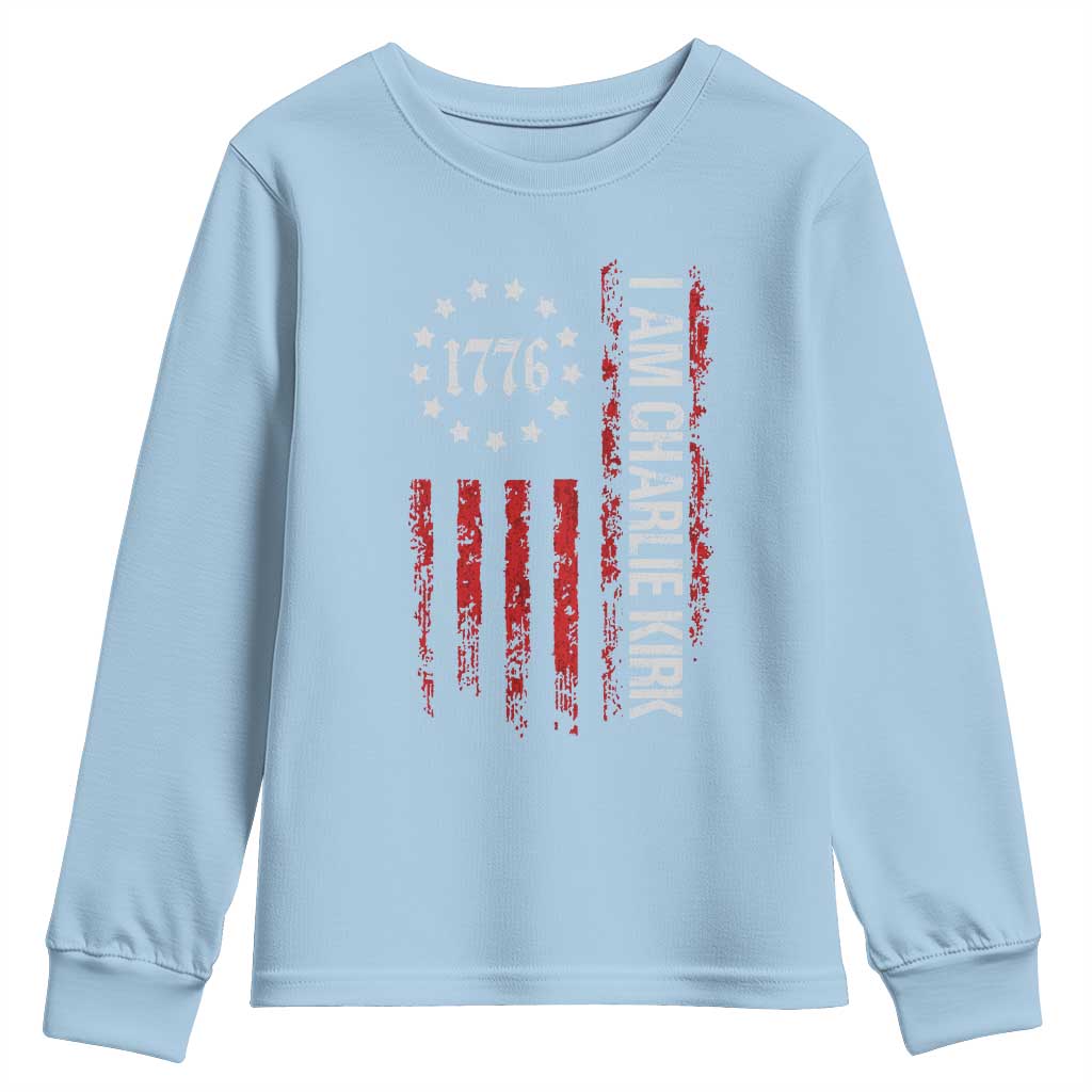 I Am Charlie Kirk Youth Sweatshirt Freedom Vintage Old American Flag Patriotic 1776 TS10 Light Blue Print Your Wear