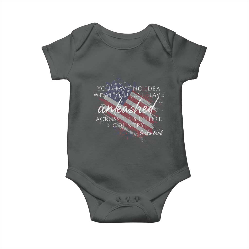 Charlie Kirk Memorial Baby Onesie Erika Kirk Quote Patriotism Faith Gods Merciful Love TS10 Dark Heather Print Your Wear