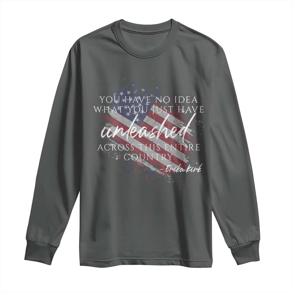 Charlie Kirk Memorial Long Sleeve Shirt Erika Kirk Quote Patriotism Faith Gods Merciful Love TS10 Dark Heather Print Your Wear