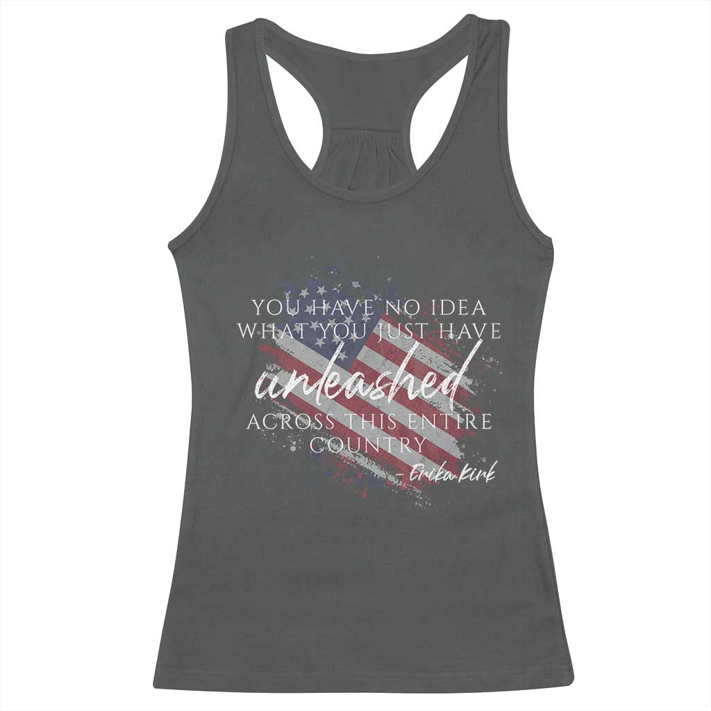Charlie Kirk Memorial Racerback Tank Top Erika Kirk Quote Patriotism Faith Gods Merciful Love TS10 Dark Heather Print Your Wear