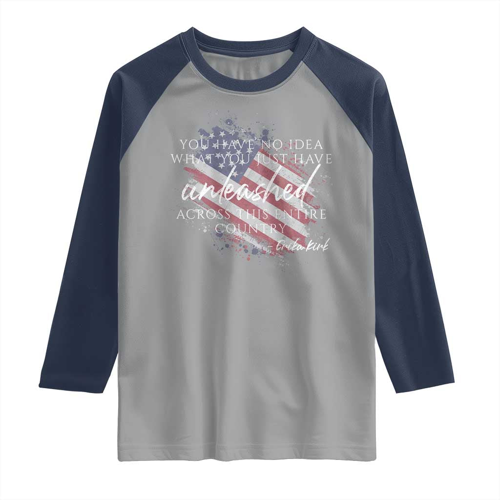 Charlie Kirk Memorial Raglan Shirt Erika Kirk Quote Patriotism Faith Gods Merciful Love TS10 Sport Gray Navy Print Your Wear