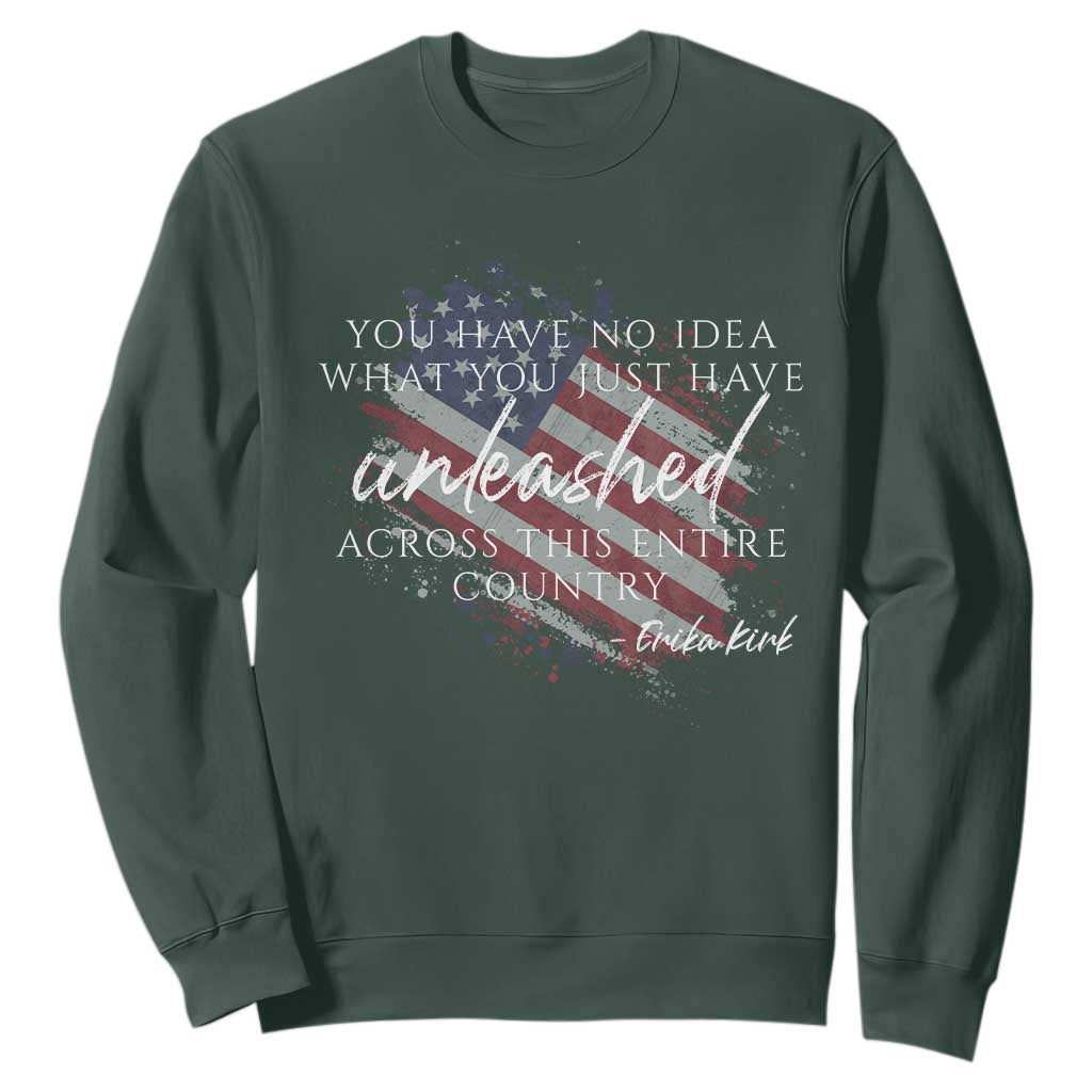 Charlie Kirk Memorial Sweatshirt Erika Kirk Quote Patriotism Faith Gods Merciful Love TS10 Dark Forest Green Print Your Wear