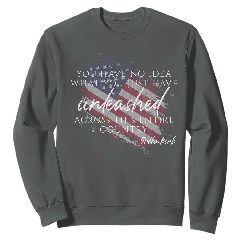 Charlie Kirk Memorial Sweatshirt Erika Kirk Quote Patriotism Faith Gods Merciful Love TS10 Dark Heather Print Your Wear