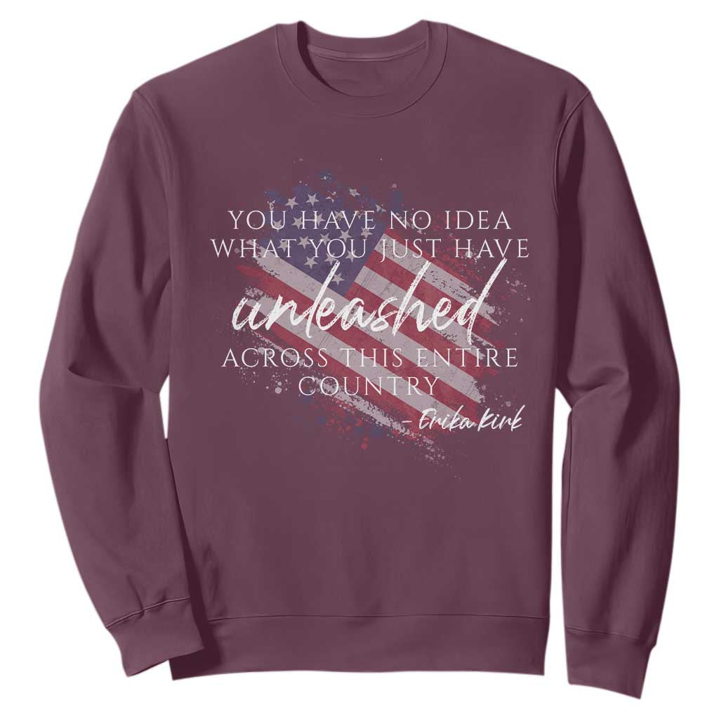 Charlie Kirk Memorial Sweatshirt Erika Kirk Quote Patriotism Faith Gods Merciful Love TS10 Maroon Print Your Wear