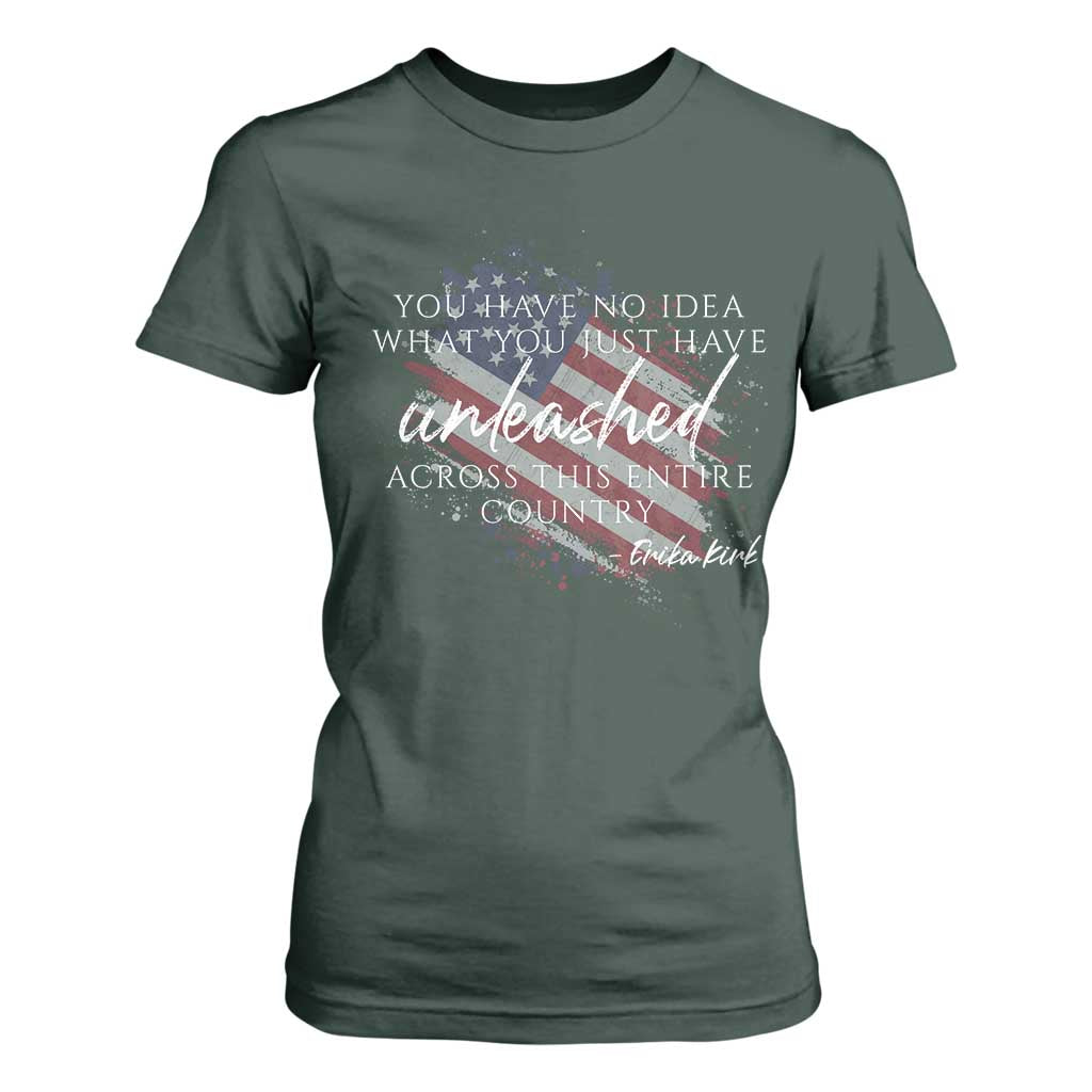 Charlie Kirk Memorial T Shirt For Women Erika Kirk Quote Patriotism Faith Gods Merciful Love TS10 Dark Forest Green Print Your Wear