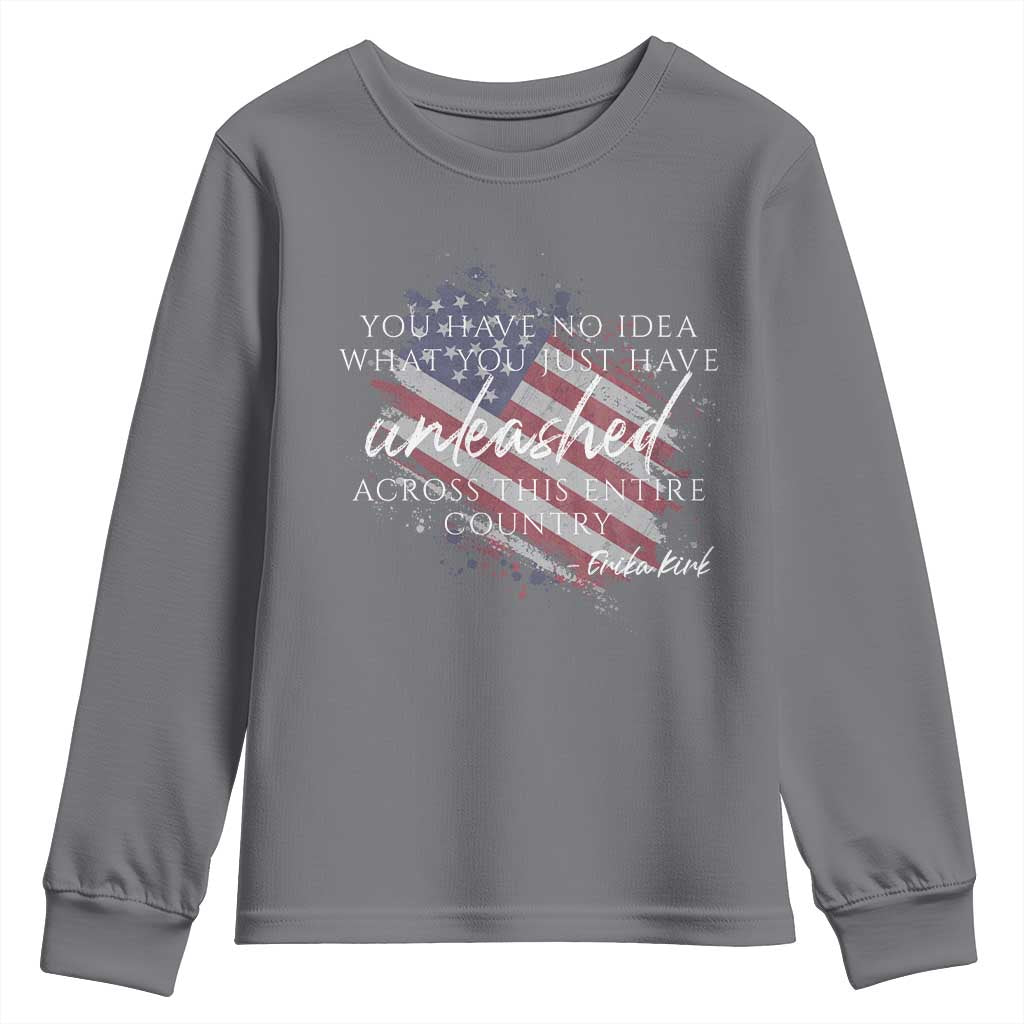 Charlie Kirk Memorial Youth Sweatshirt Erika Kirk Quote Patriotism Faith Gods Merciful Love TS10 Charcoal Print Your Wear